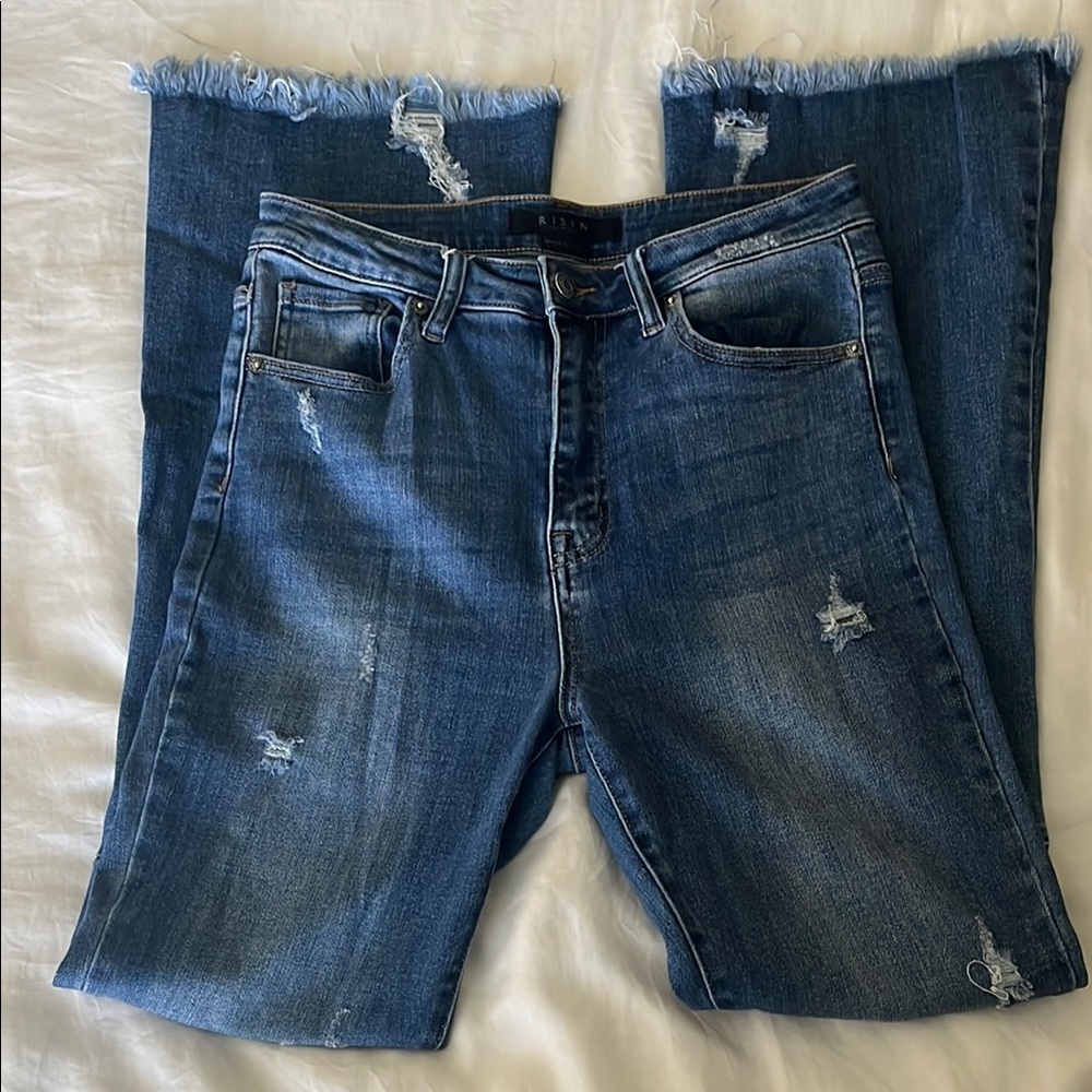 RISEN distressed boot cut jeans